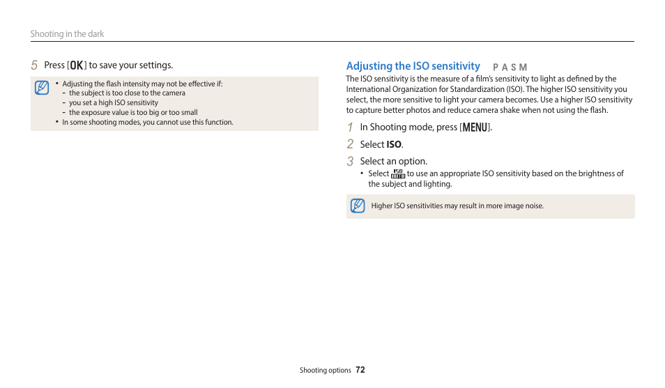 Adjusting the iso sensitivity | Samsung EC-WB350FBPWUS User Manual | Page 73 / 172