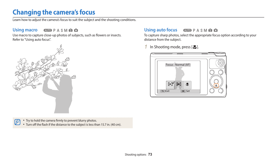 Changing the camera’s focus, Using macro, Using auto focus | Using macro using auto focus | Samsung EC-WB350FBPWUS User Manual | Page 74 / 172