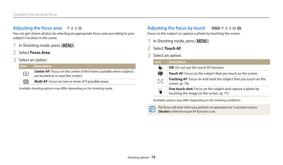 Adjusting the focus area, Adjusting the focus by touch | Samsung EC-WB350FBPWUS User Manual | Page 76 / 172