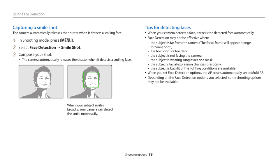 Capturing a smile shot, Tips for detecting faces, Capturing a smile shot tips for detecting faces | Samsung EC-WB350FBPWUS User Manual | Page 80 / 172