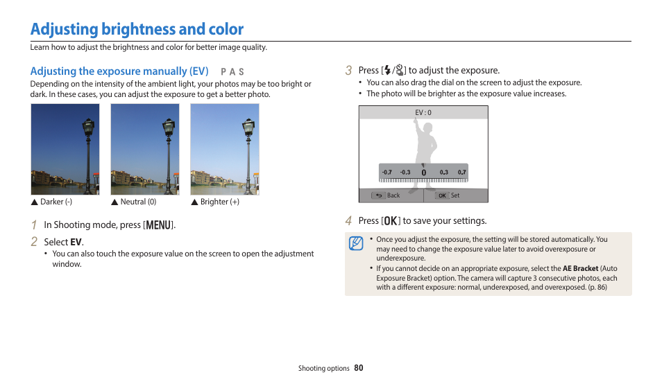 Adjusting brightness and color, Adjusting the exposure manually (ev) | Samsung EC-WB350FBPWUS User Manual | Page 81 / 172