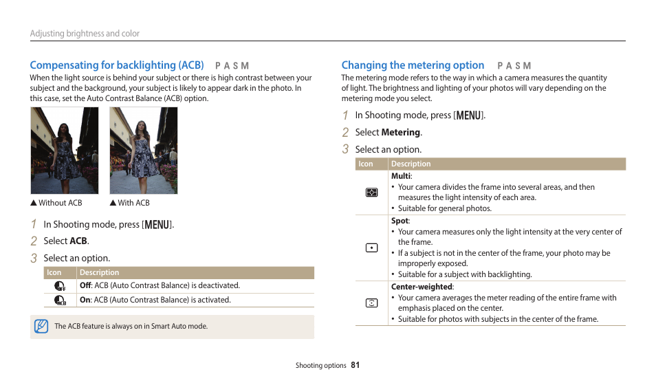 Compensating for backlighting (acb), Changing the metering option | Samsung EC-WB350FBPWUS User Manual | Page 82 / 172