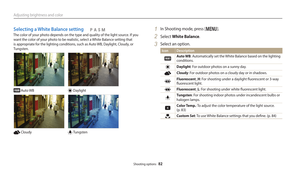 Selecting a white balance setting | Samsung EC-WB350FBPWUS User Manual | Page 83 / 172