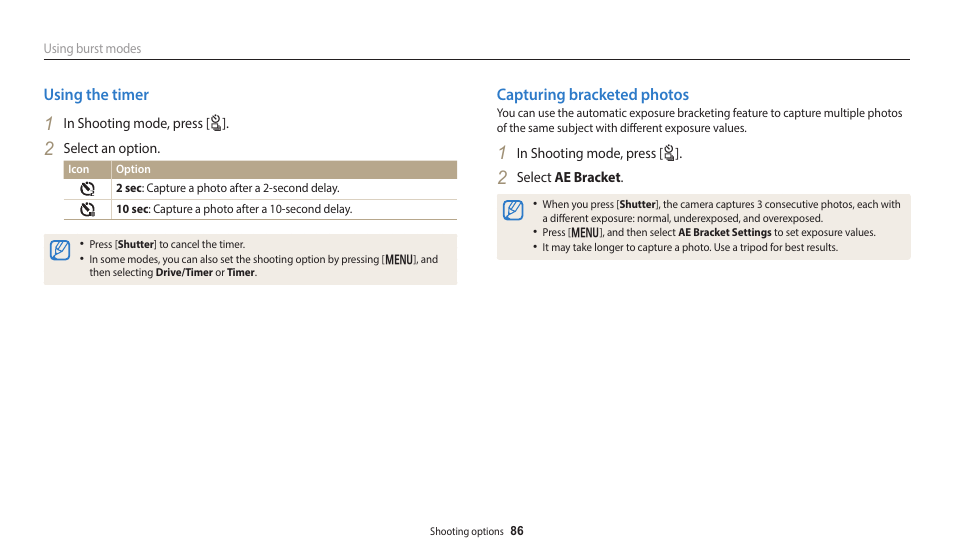 Using the timer, Capturing bracketed photos, Using the timer capturing bracketed photos | Samsung EC-WB350FBPWUS User Manual | Page 87 / 172