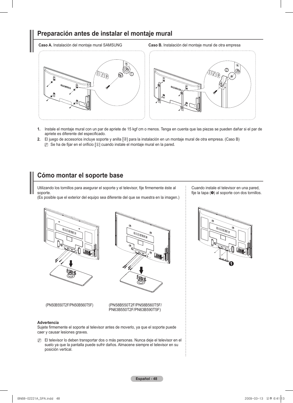 Preparación antes de instalar el montaje mural, Cómo montar el soporte base | Samsung PN58B560T5FXZA User Manual | Page 101 / 107