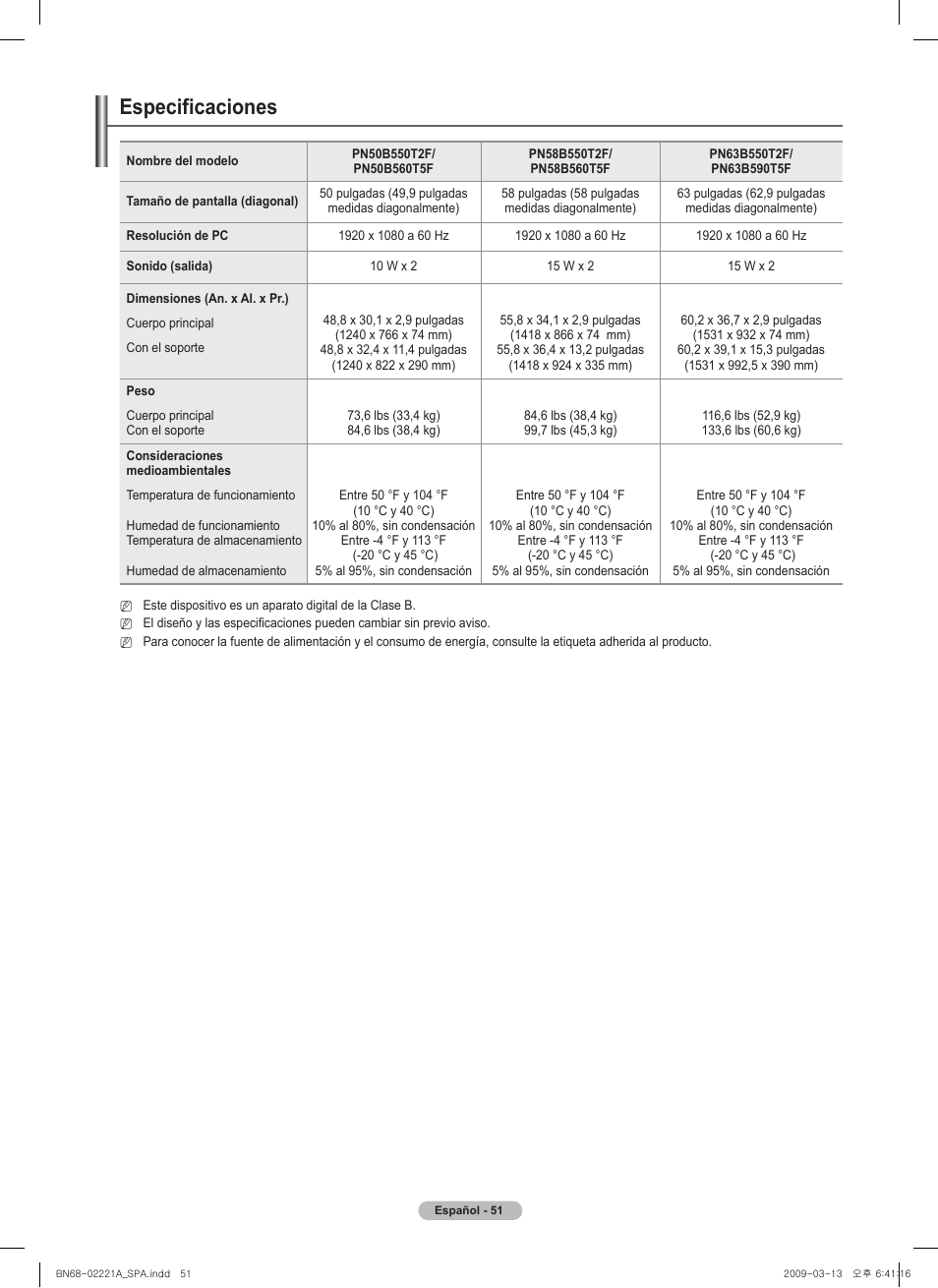 Especificaciones | Samsung PN58B560T5FXZA User Manual | Page 104 / 107