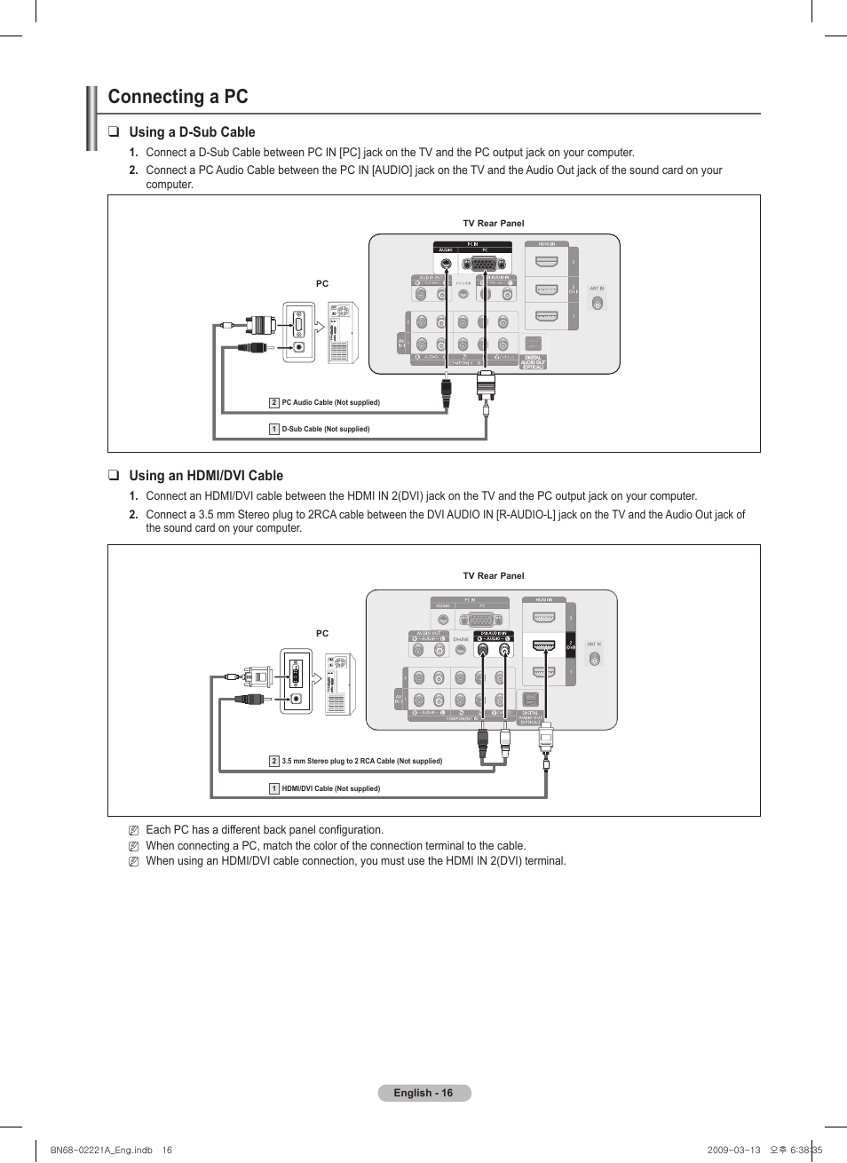 Connecting a pc, Using a d-sub cable, Using an hdmi/dvi cable | Samsung PN58B560T5FXZA User Manual | Page 16 / 107