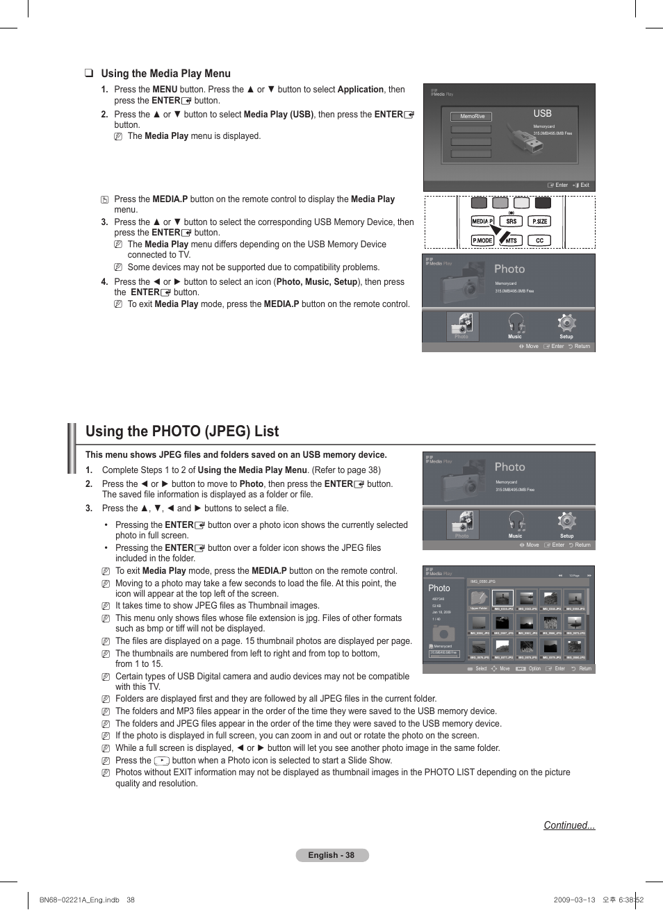 Using the photo (jpeg) list, Using the media play menu, Continued | Samsung PN58B560T5FXZA User Manual | Page 38 / 107