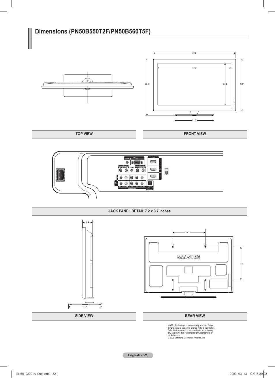 Dimensions (pn50b550t2f/pn50b560t5f) | Samsung PN58B560T5FXZA User Manual | Page 52 / 107