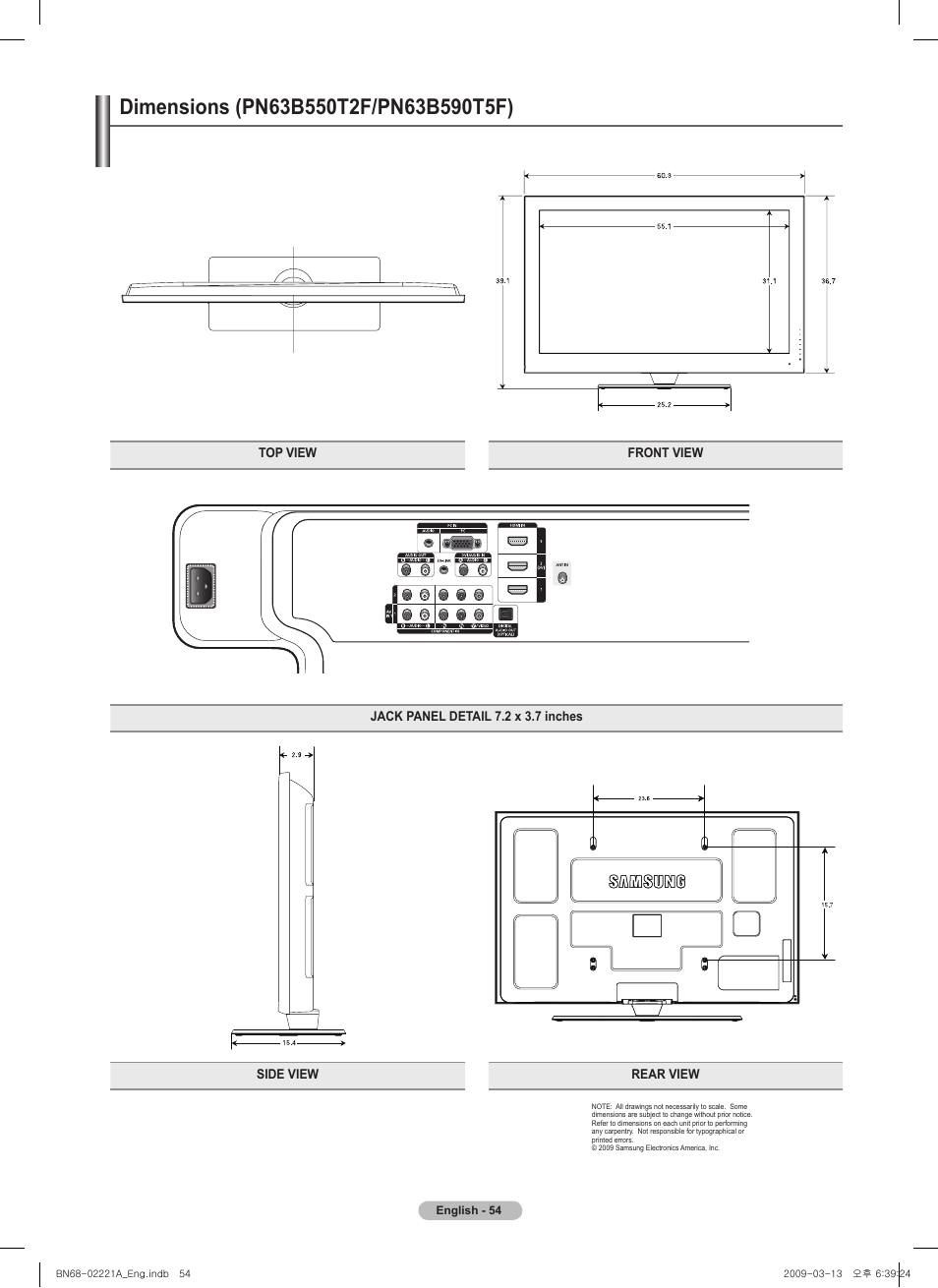 Dimensions (pn63b550t2f/pn63b590t5f)note | Samsung PN58B560T5FXZA User Manual | Page 54 / 107