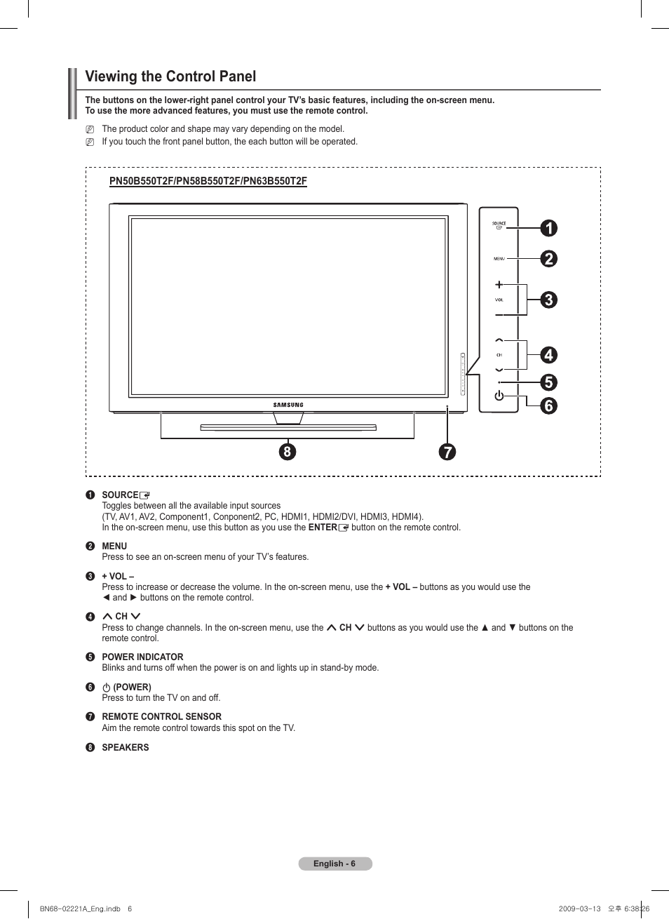 Viewing the control panel | Samsung PN58B560T5FXZA User Manual | Page 6 / 107