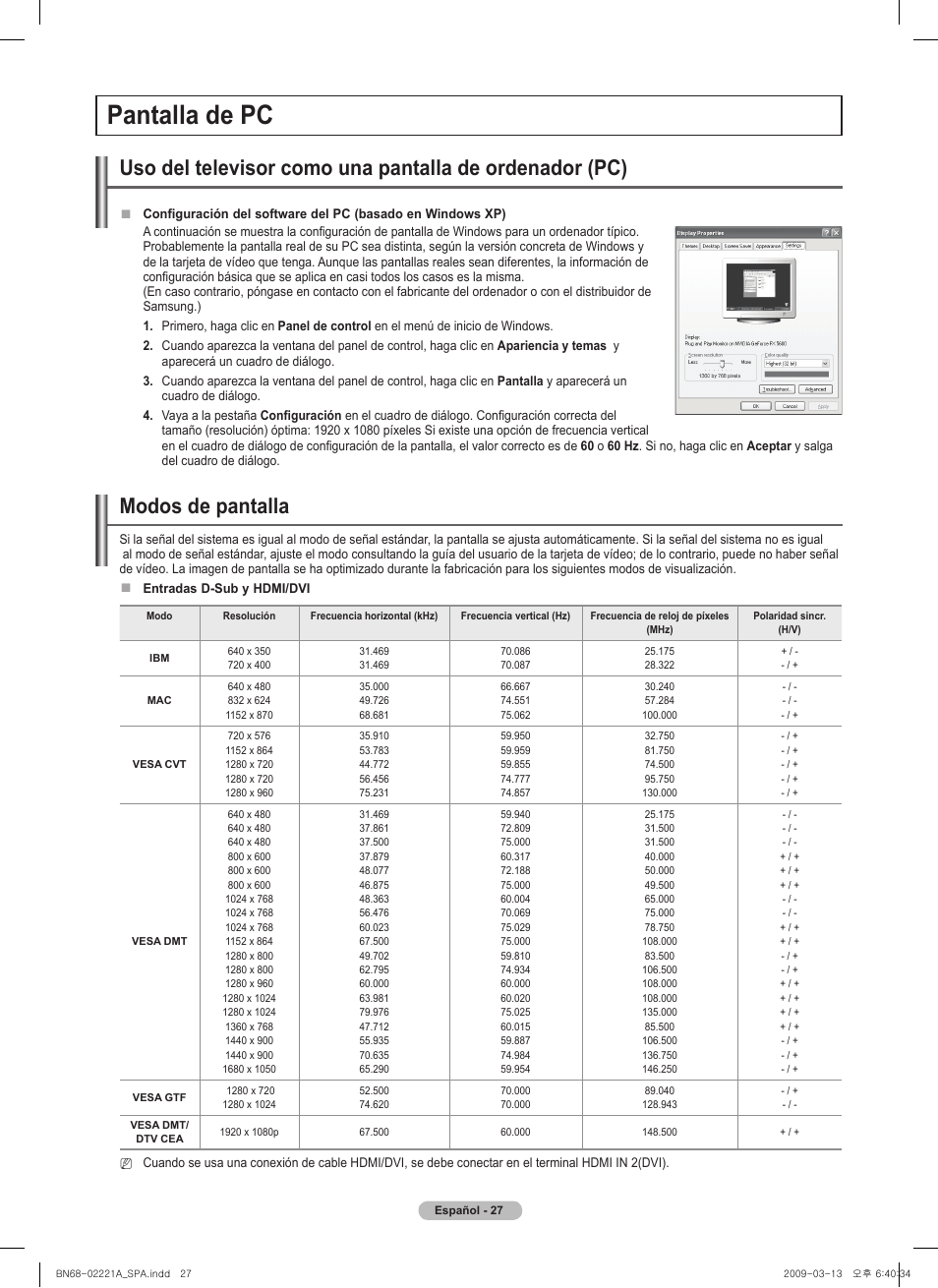 Pantalla de pc, Modos de pantalla | Samsung PN58B560T5FXZA User Manual | Page 80 / 107