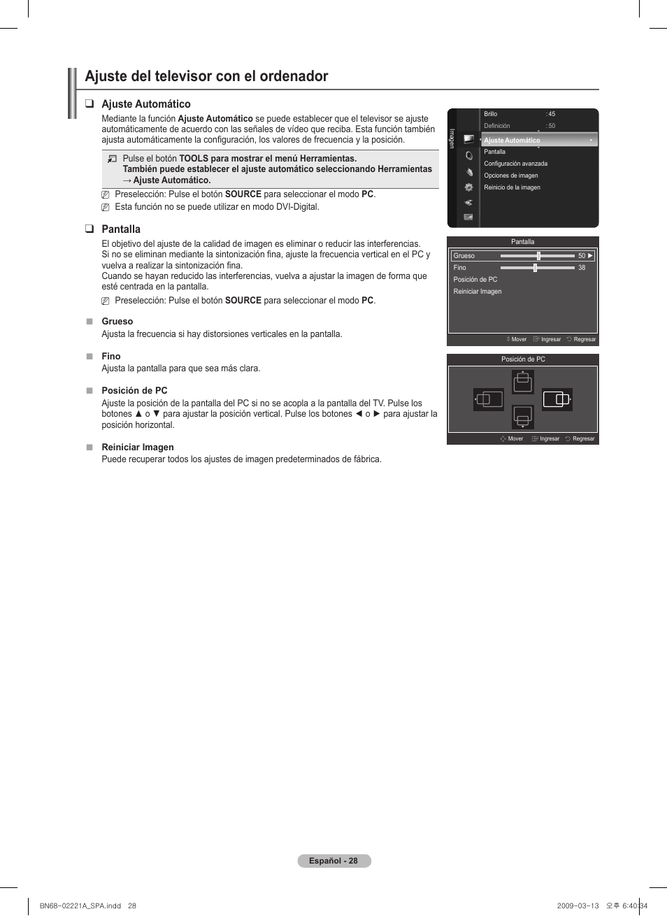 Ajuste del televisor con el ordenador, Ajuste automático, Pantalla | Samsung PN58B560T5FXZA User Manual | Page 81 / 107