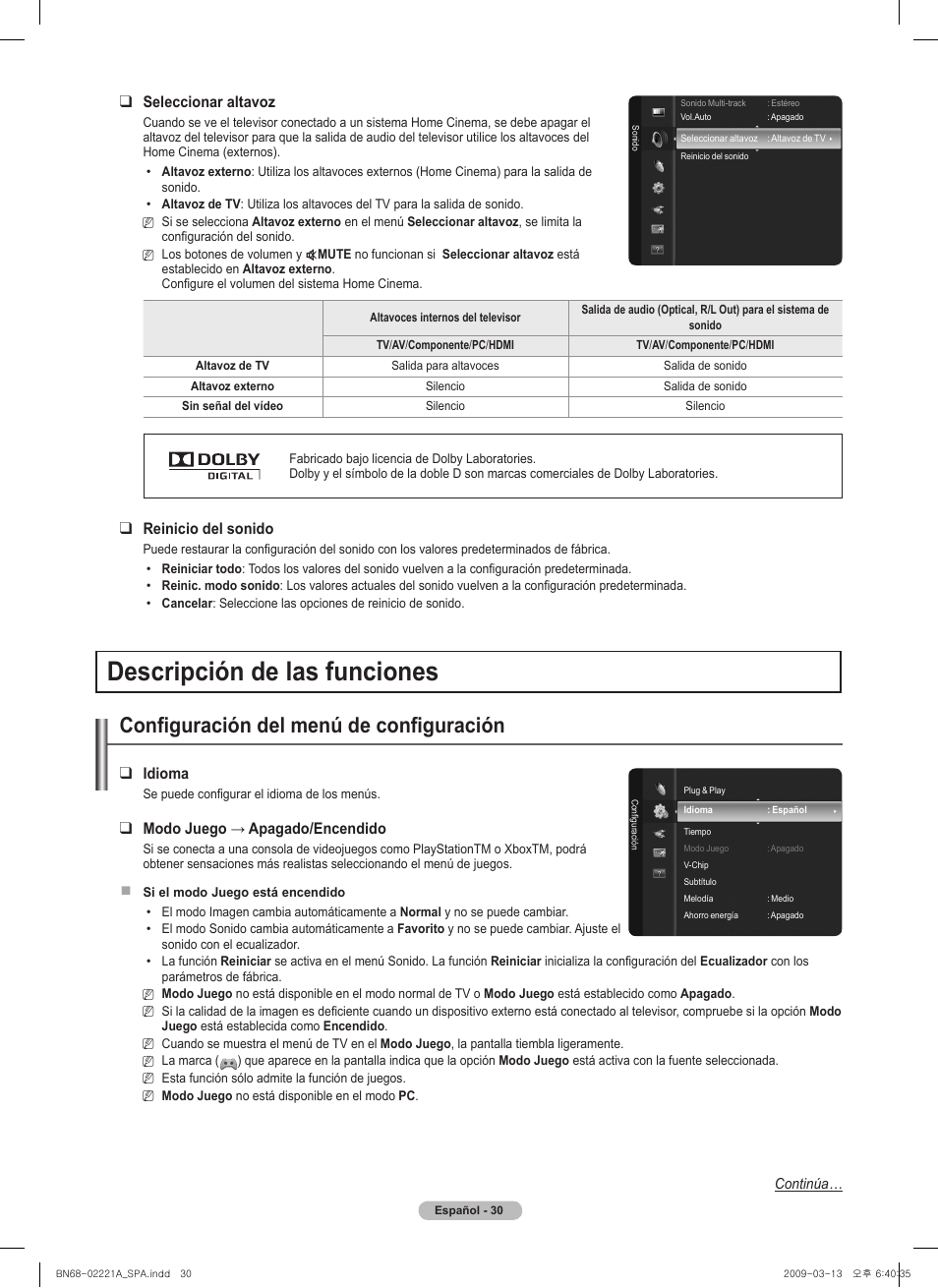 Descripción de las funciones, Configuración del menú de configuración, Idioma | Modojuego→apagado/encendido, Seleccionar altavoz, Reinicio del sonido | Samsung PN58B560T5FXZA User Manual | Page 83 / 107