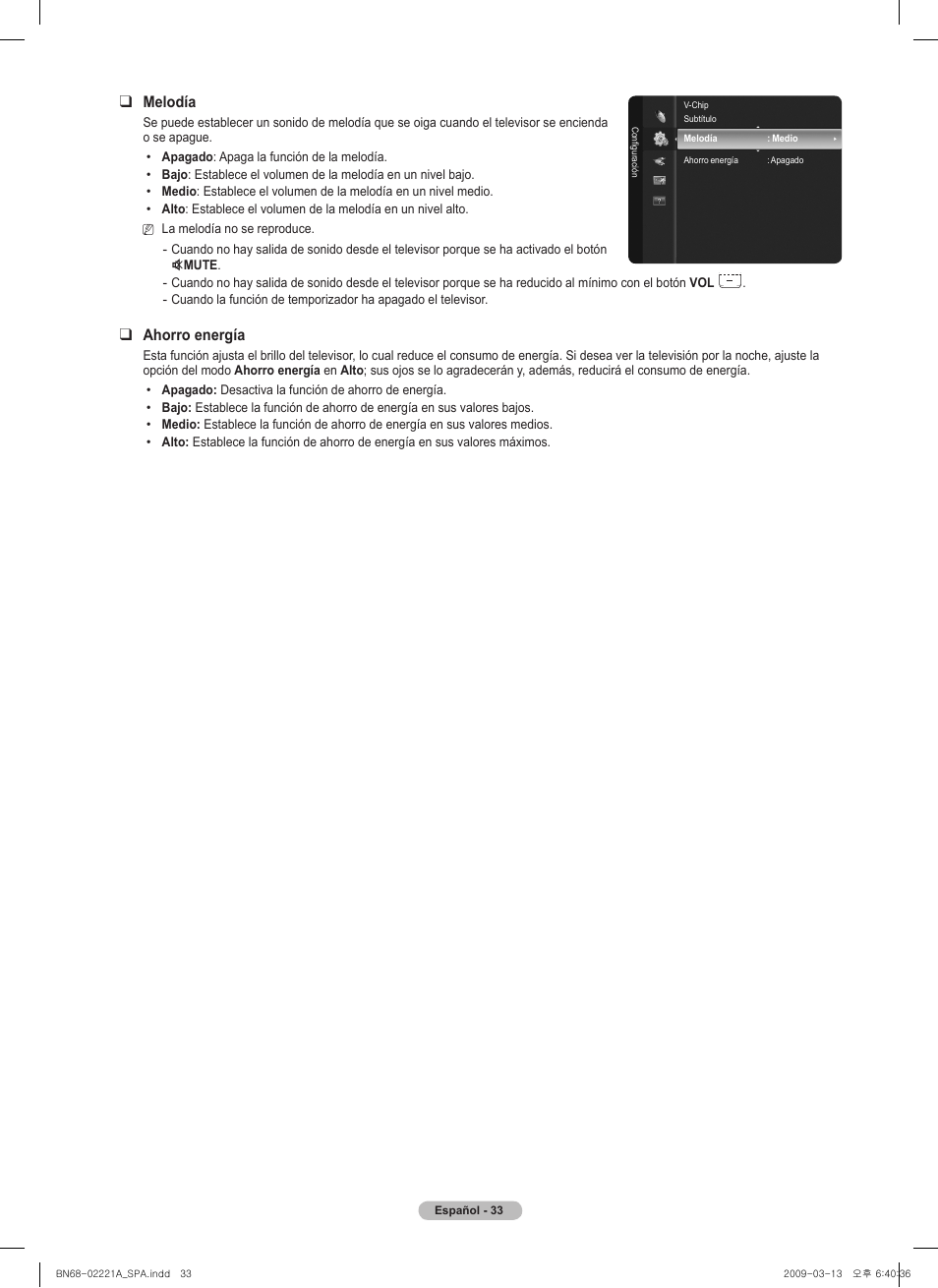 Melodía, Ahorro energía | Samsung PN58B560T5FXZA User Manual | Page 86 / 107