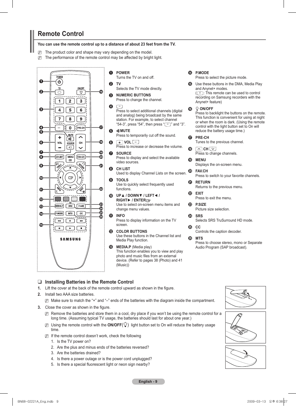 Remote control, Installing batteries in the remote control | Samsung PN58B560T5FXZA User Manual | Page 9 / 107