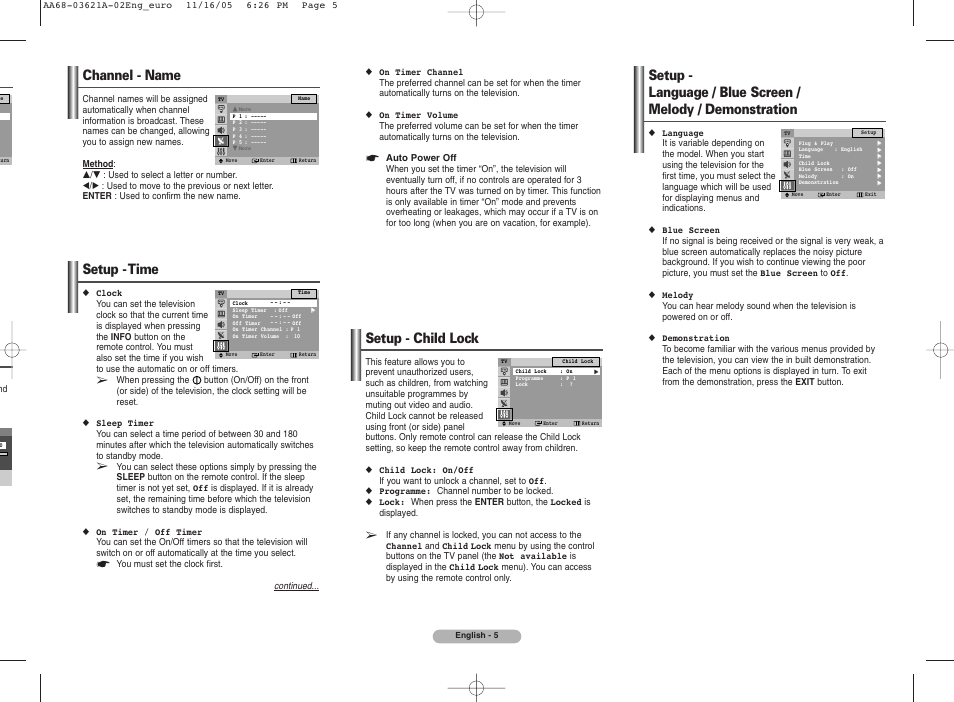 Channel - name, Setup - time, Setup - child lock | Samsung CW29M064N2XXEC User Manual | Page 5 / 8