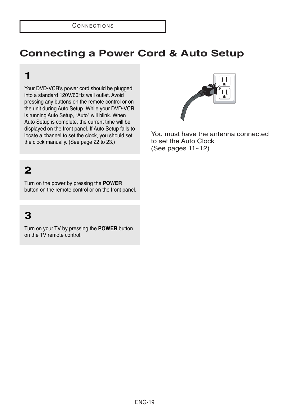 Connecting a power cord & auto setup | Samsung DVD-V8500-XAA User Manual | Page 19 / 87