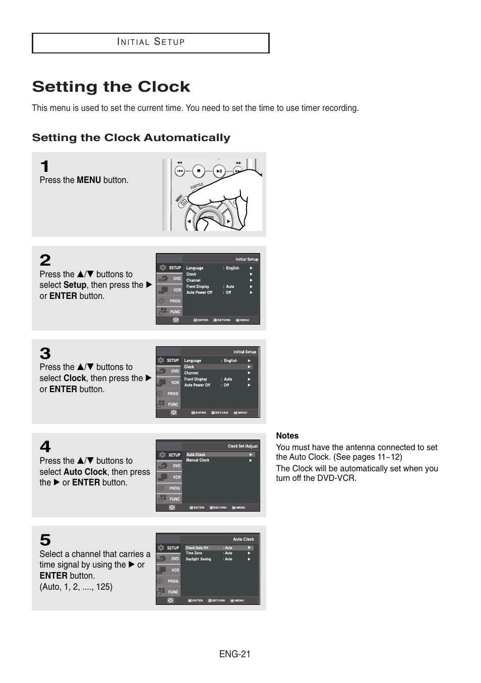 Setting the clock, Setting the clock automatically | Samsung DVD-V8500-XAA User Manual | Page 21 / 87