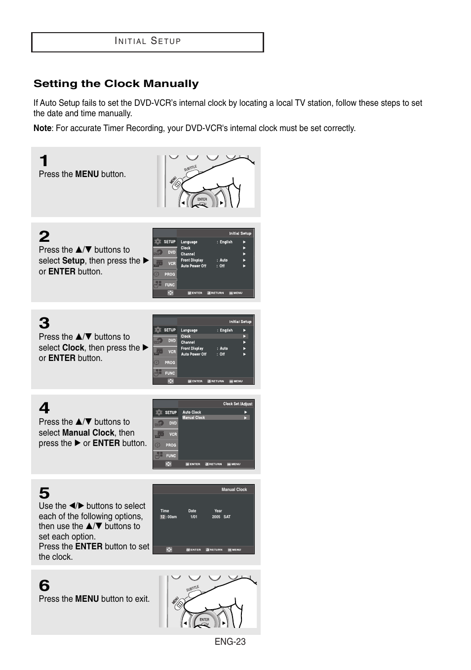 Setting the clock manually | Samsung DVD-V8500-XAA User Manual | Page 23 / 87