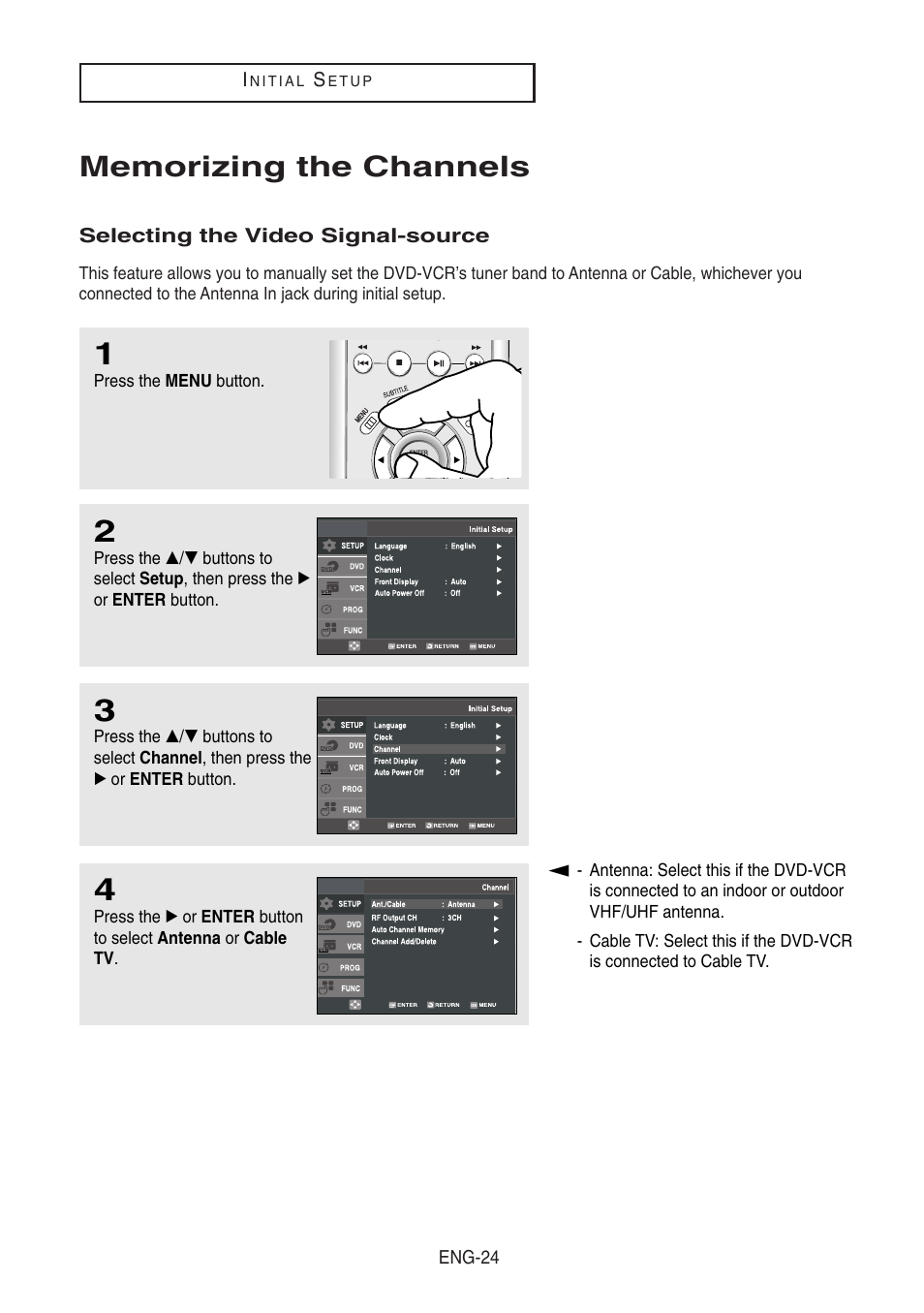 Memorizing the channels, Selecting the video signal-source | Samsung DVD-V8500-XAA User Manual | Page 24 / 87