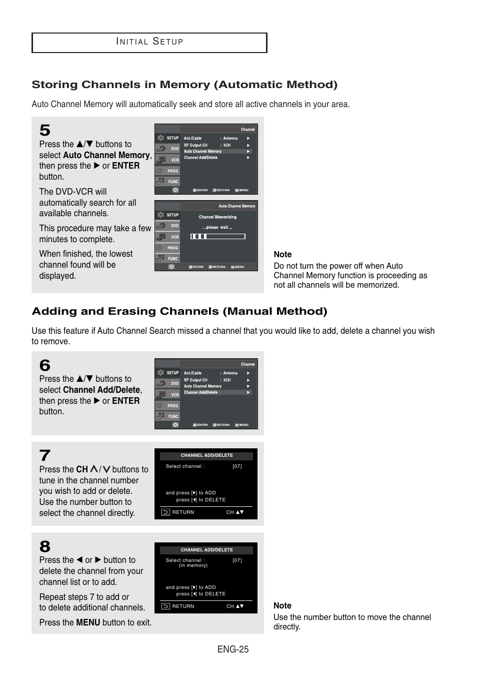 Storing channels in memory (automatic method), Adding and erasing channels (manual method) | Samsung DVD-V8500-XAA User Manual | Page 25 / 87