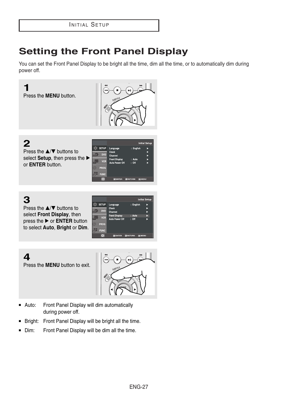 Setting the front panel display | Samsung DVD-V8500-XAA User Manual | Page 27 / 87