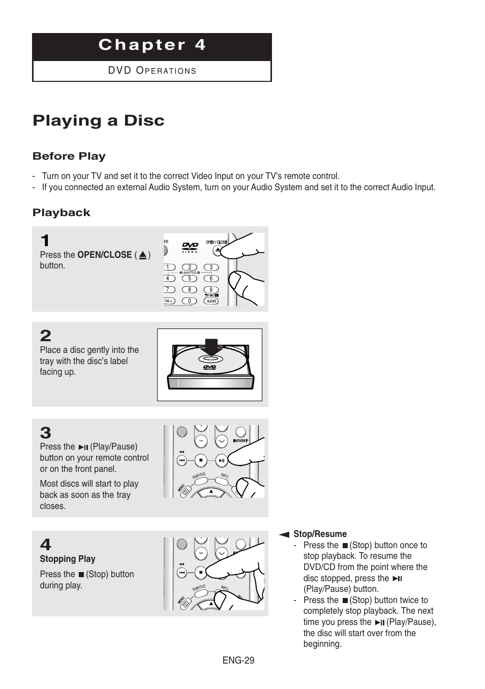 Chapter 4, Playing a disc | Samsung DVD-V8500-XAA User Manual | Page 29 / 87