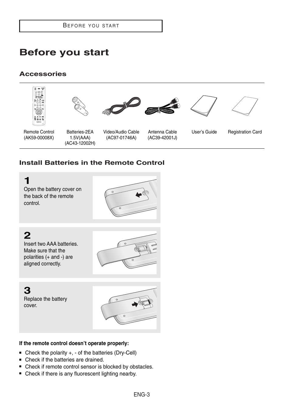 Before you start, Accessories, Install batteries in the remote control | Samsung DVD-V8500-XAA User Manual | Page 3 / 87