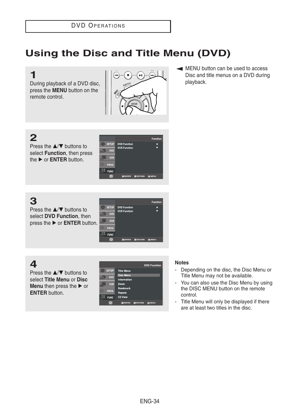 Using the disc and title menu (dvd) | Samsung DVD-V8500-XAA User Manual | Page 34 / 87