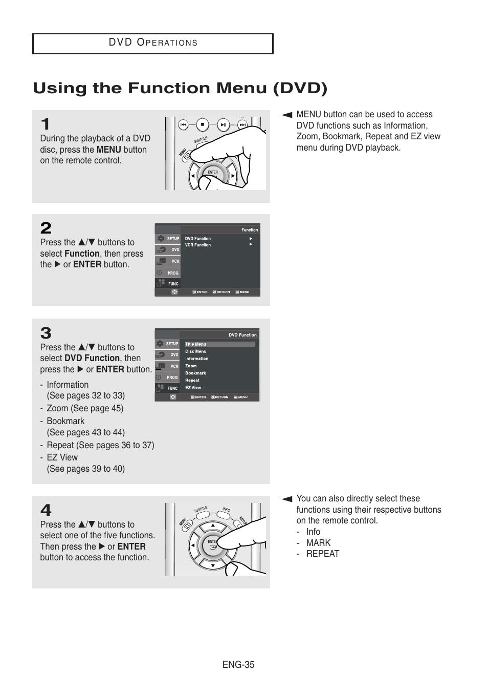 Using the function menu (dvd) | Samsung DVD-V8500-XAA User Manual | Page 35 / 87