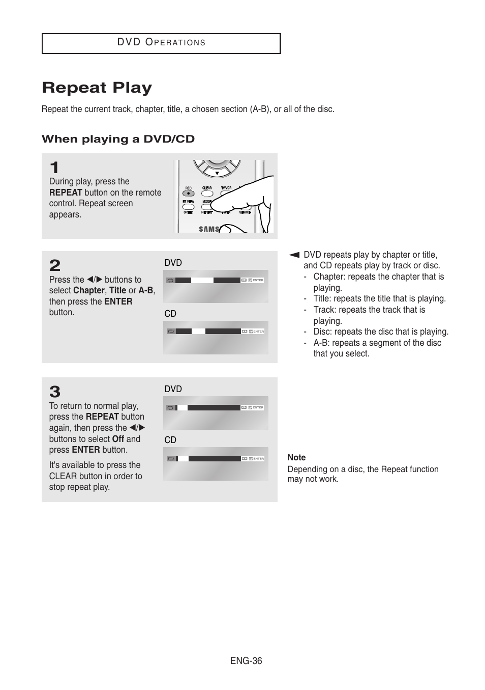 Repeat play, D v d o, When playing a dvd/cd | Eng-36 | Samsung DVD-V8500-XAA User Manual | Page 36 / 87
