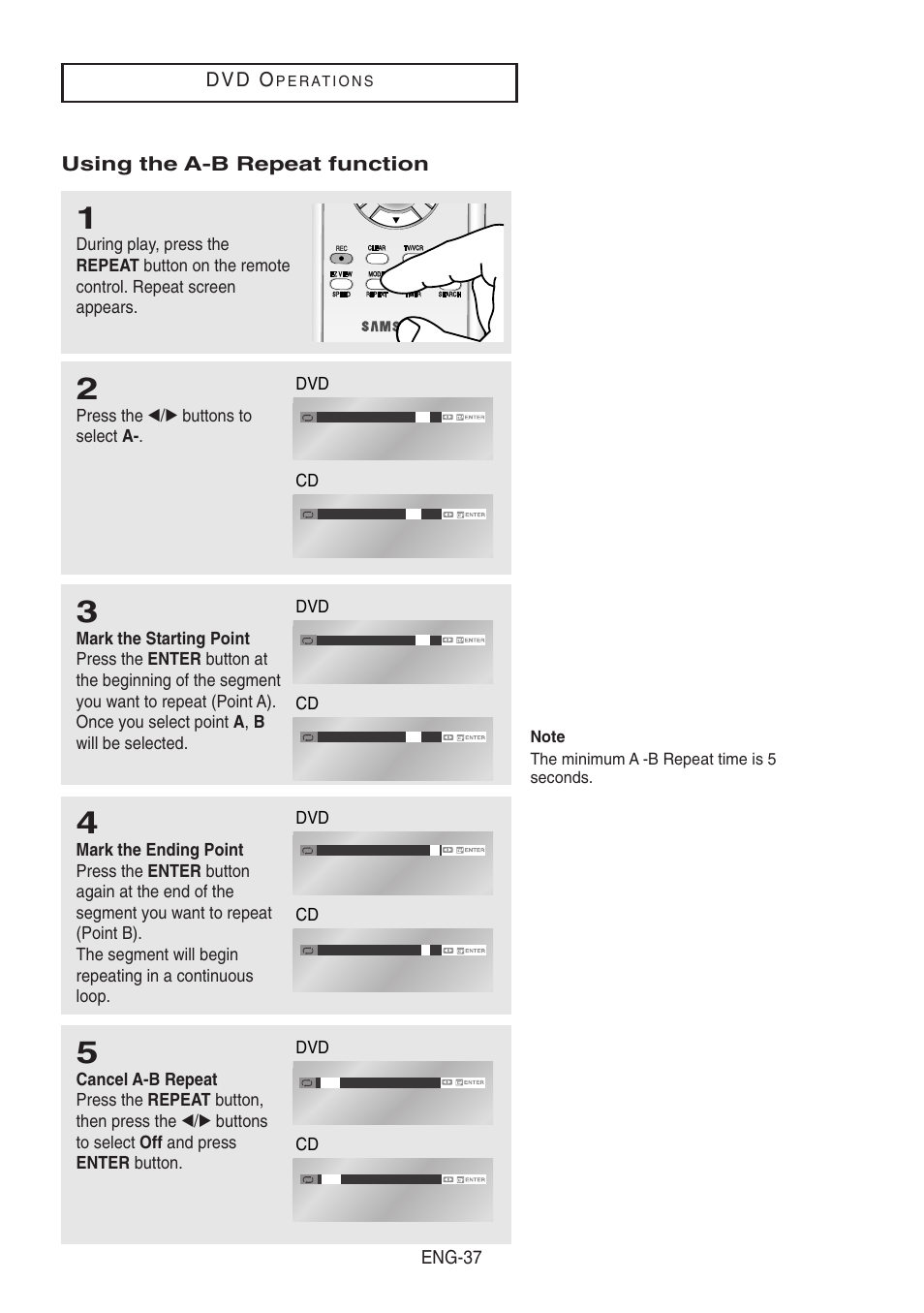 Using the a-b repeat function, D v d o, Eng-37 | Press the œ/√ buttons to select a | Samsung DVD-V8500-XAA User Manual | Page 37 / 87