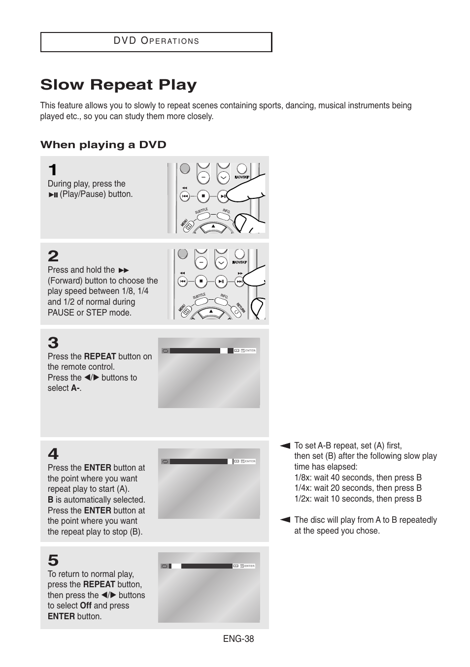 Slow repeat play, D v d o, When playing a dvd | Samsung DVD-V8500-XAA User Manual | Page 38 / 87