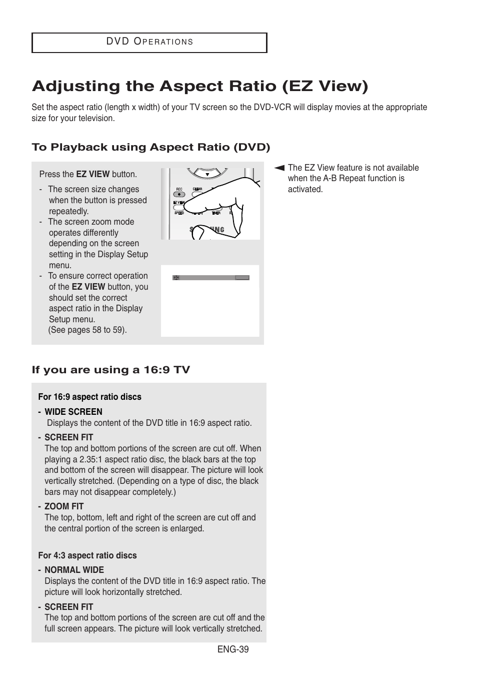 Adjusting the aspect ratio (ez view), To playback using aspect ratio (dvd), If you are using a 16:9 tv | Samsung DVD-V8500-XAA User Manual | Page 39 / 87