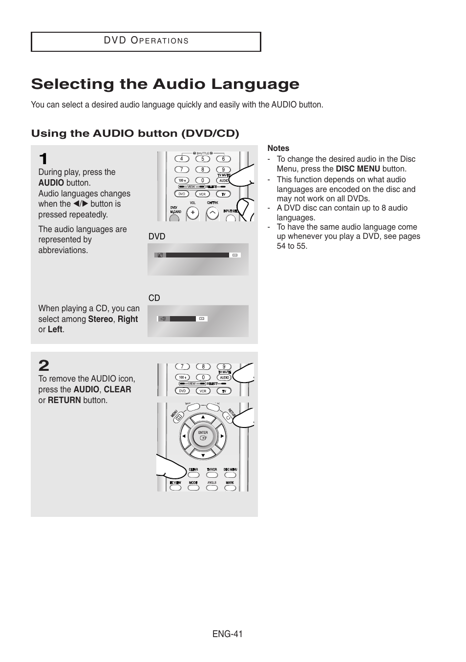 Selecting the audio language, Using the audio button (dvd/cd) | Samsung DVD-V8500-XAA User Manual | Page 41 / 87