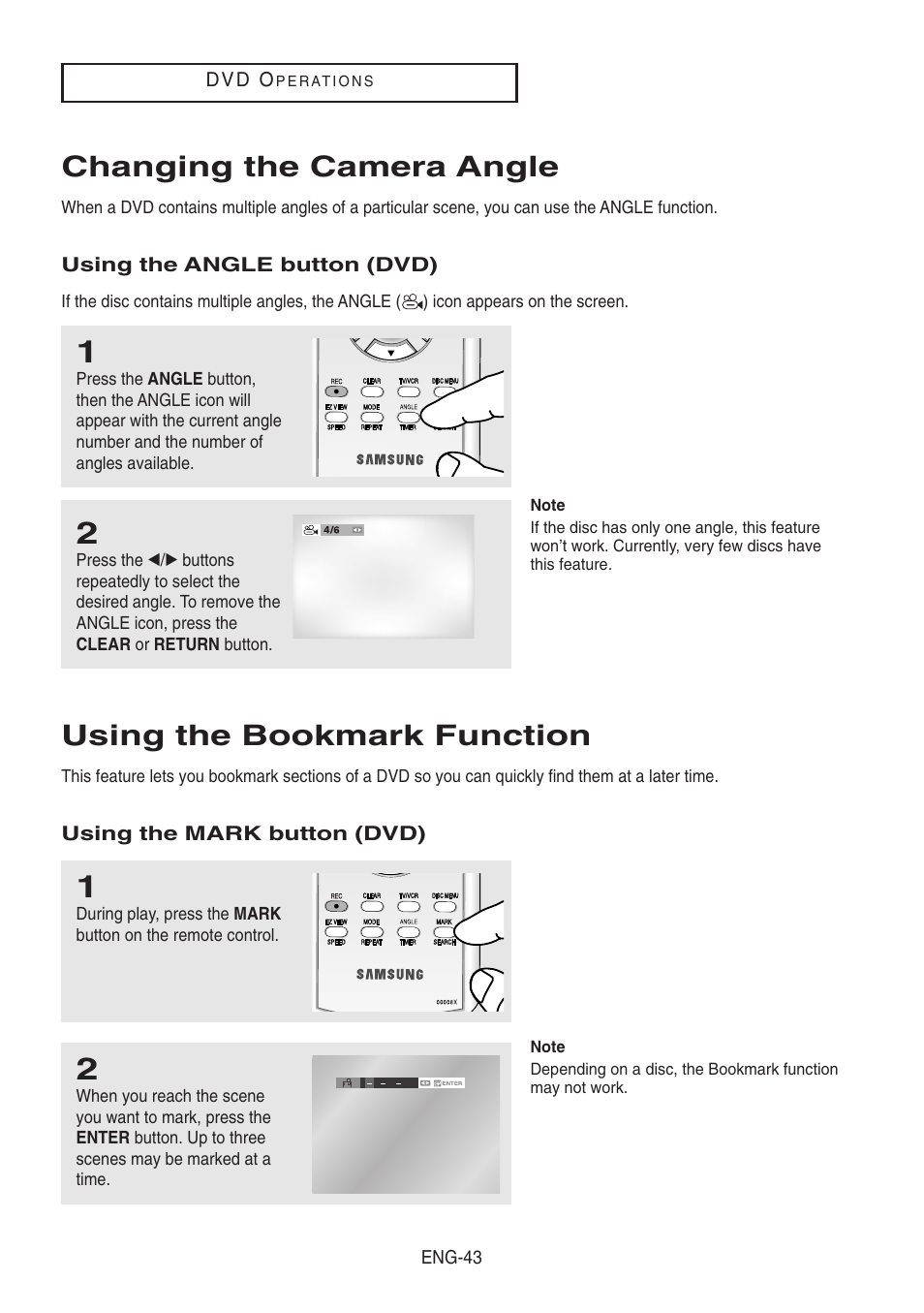 Changing the camera angle, Using the angle button (dvd), Using the bookmark function | Using the mark button (dvd) | Samsung DVD-V8500-XAA User Manual | Page 43 / 87