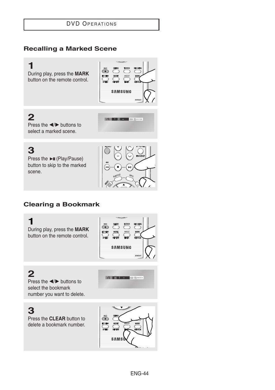 Recalling a marked scene, Clearing a bookmark | Samsung DVD-V8500-XAA User Manual | Page 44 / 87