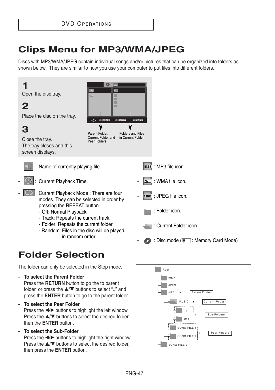 Clips menu for mp3/wma/jpeg, Folder selection, D v d o | Eng-47 | Samsung DVD-V8500-XAA User Manual | Page 47 / 87