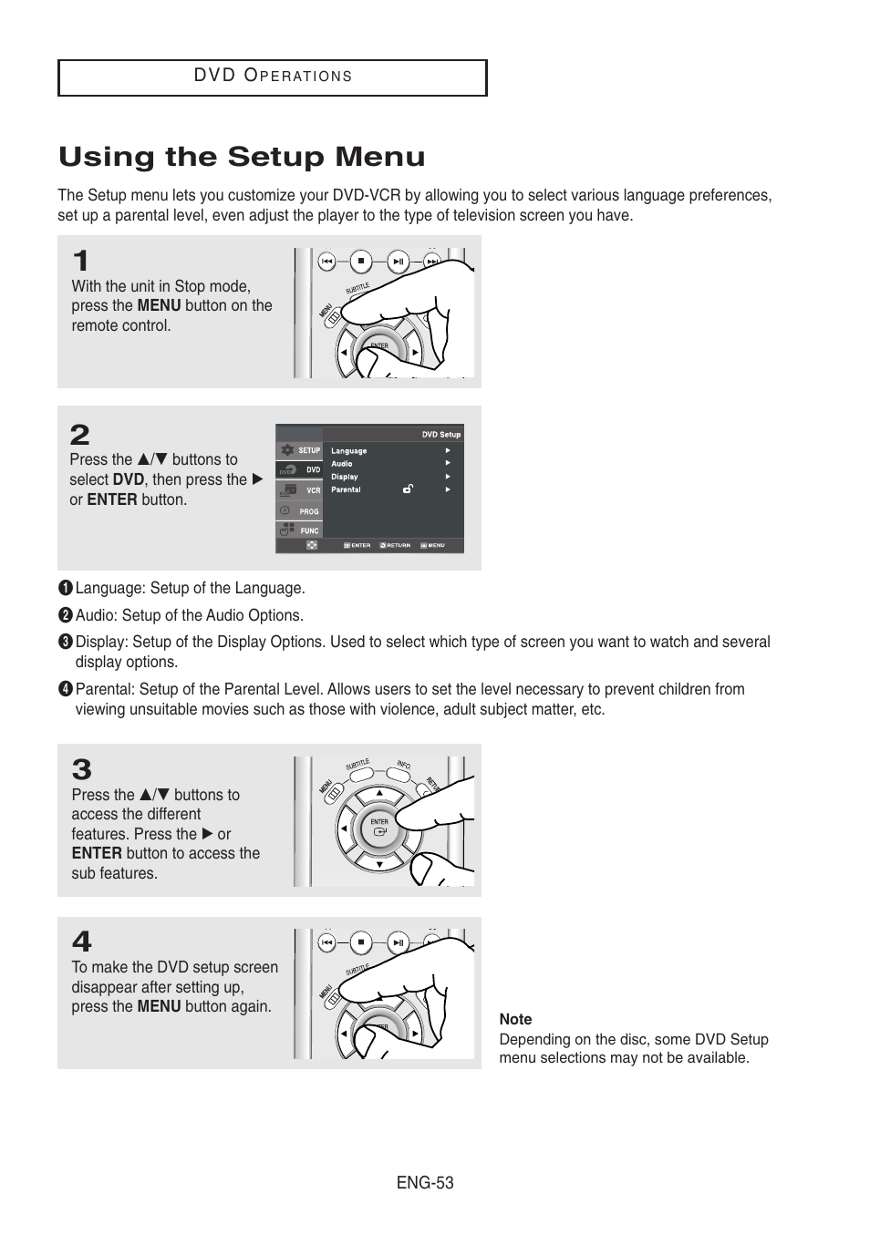 Using the setup menu | Samsung DVD-V8500-XAA User Manual | Page 53 / 87