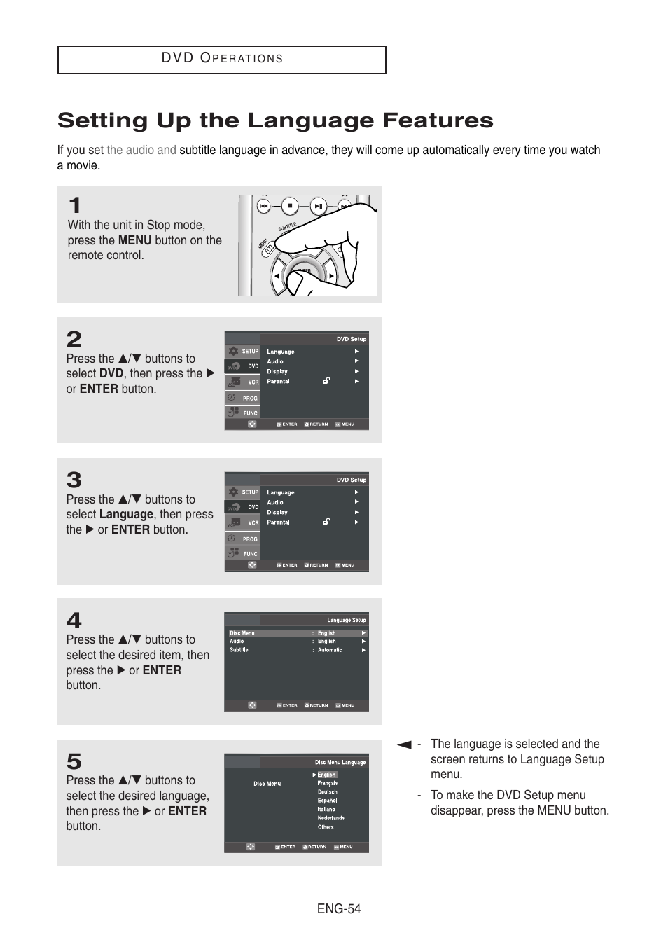 Setting up the language features | Samsung DVD-V8500-XAA User Manual | Page 54 / 87