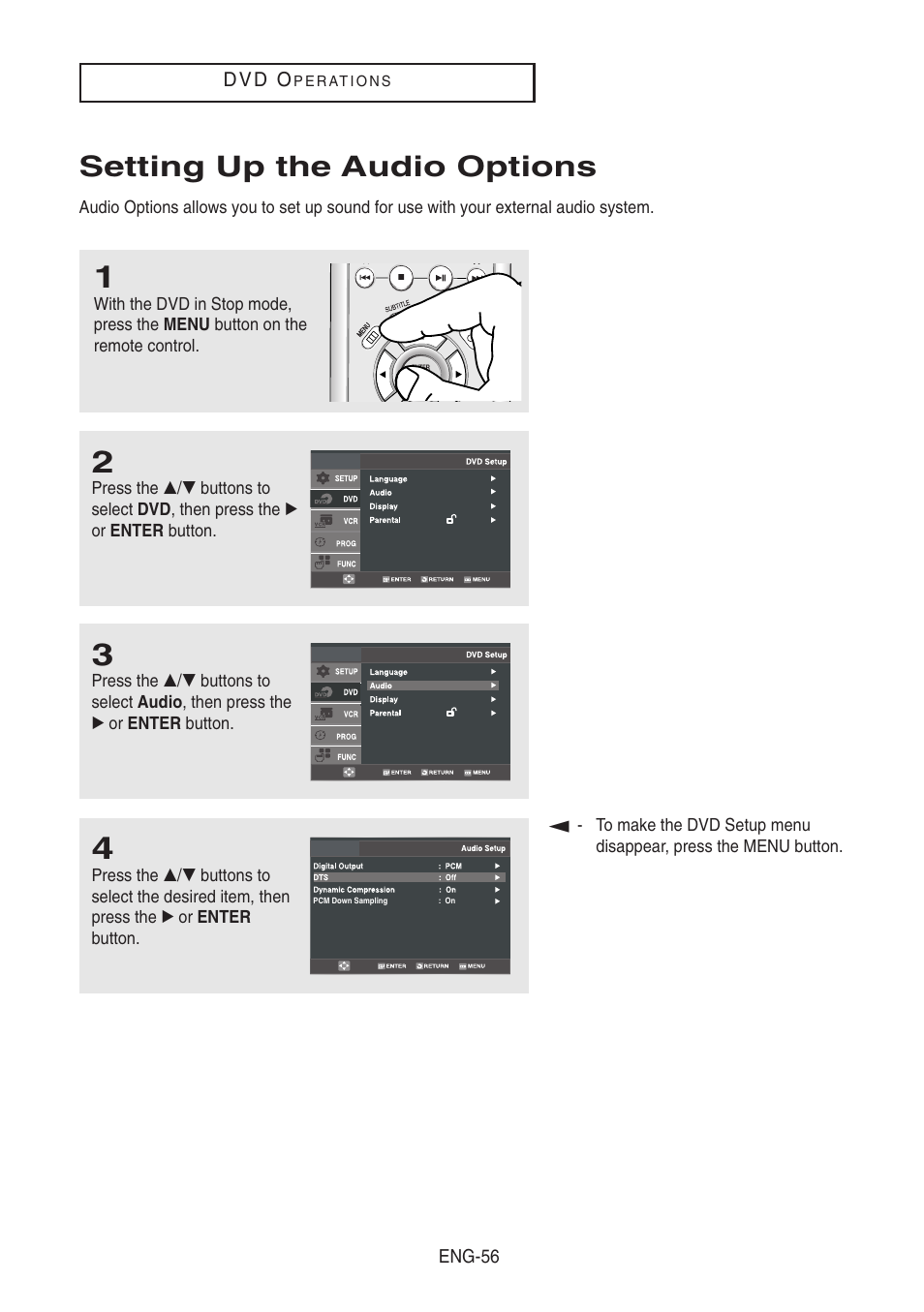 Setting up the audio options | Samsung DVD-V8500-XAA User Manual | Page 56 / 87