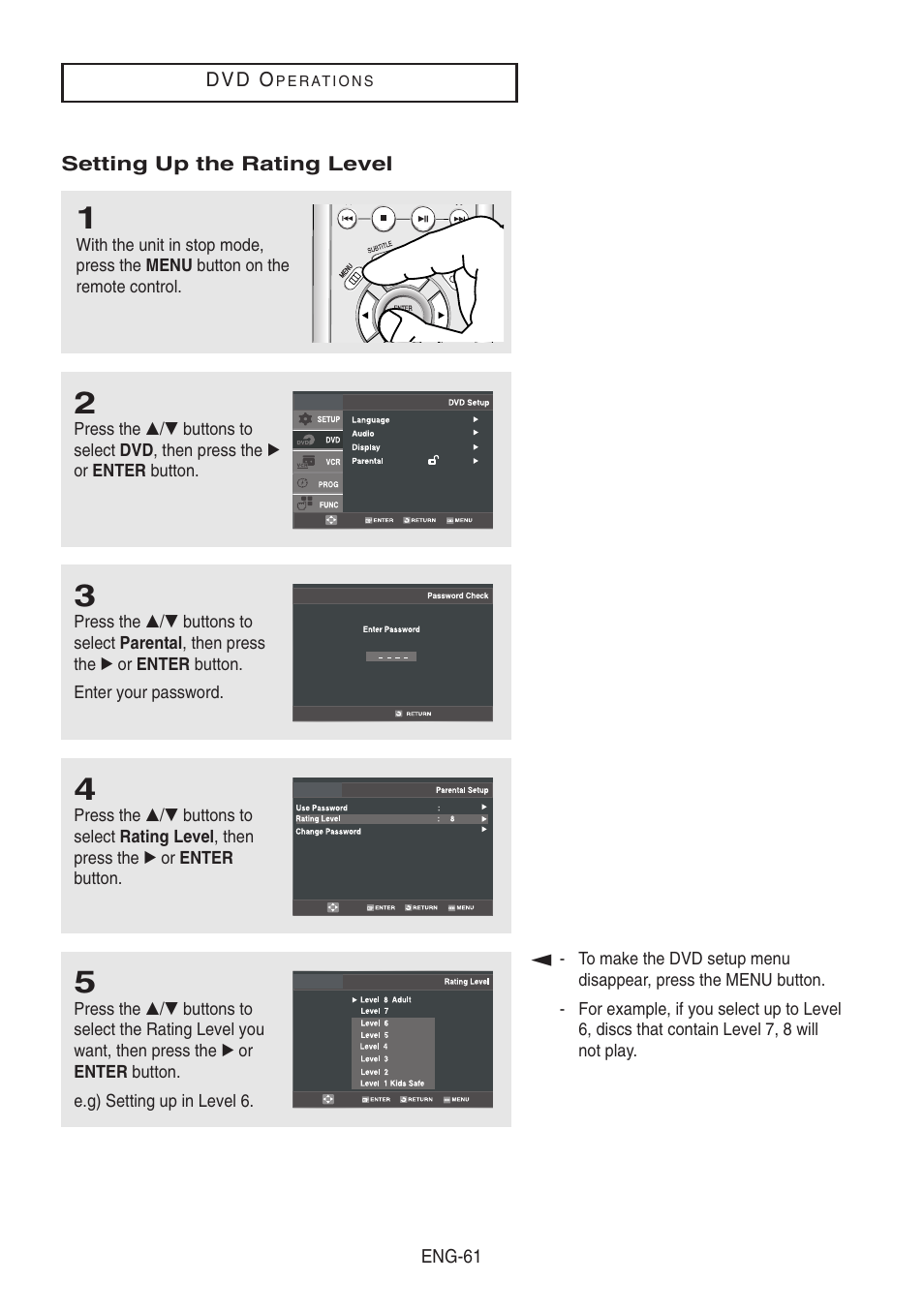 Setting up the rating level | Samsung DVD-V8500-XAA User Manual | Page 61 / 87