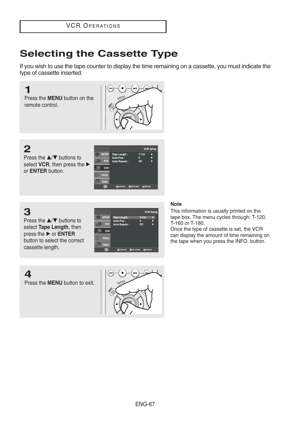 Selecting the cassette type | Samsung DVD-V8500-XAA User Manual | Page 67 / 87