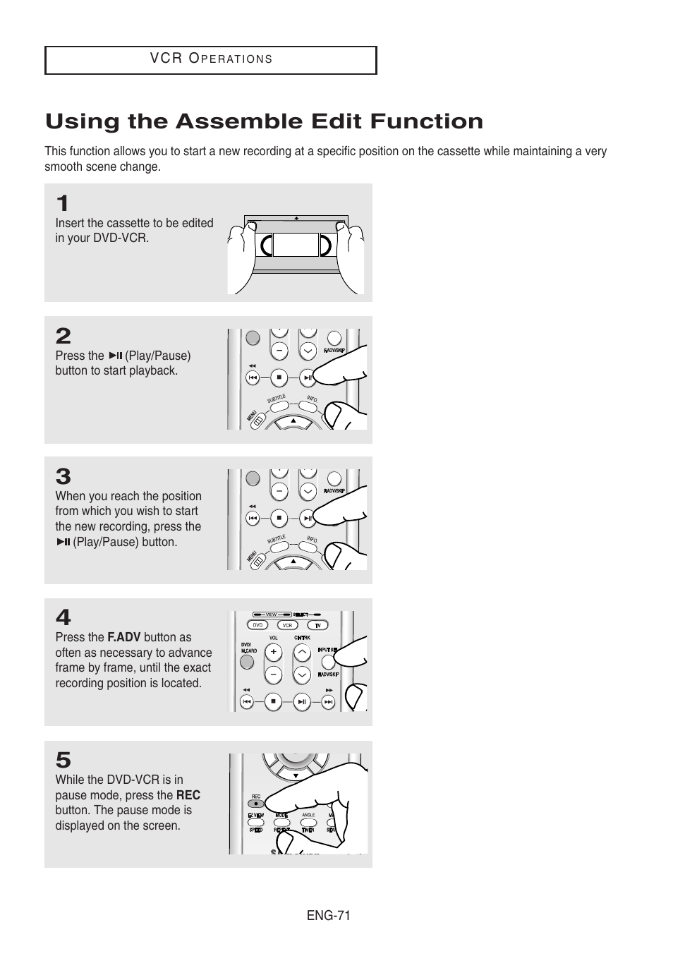 Using the assemble edit function | Samsung DVD-V8500-XAA User Manual | Page 71 / 87