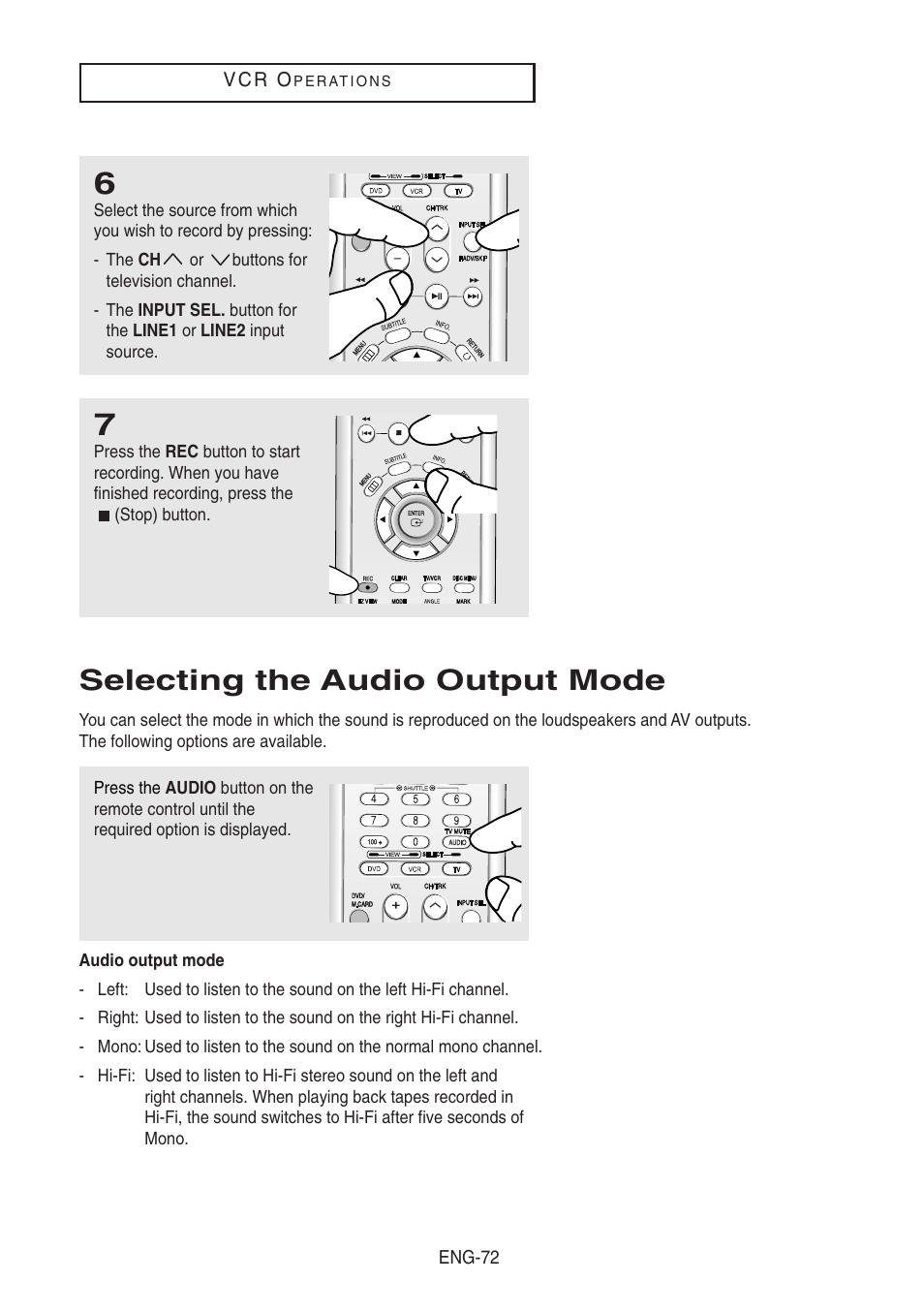 Selecting the audio output mode | Samsung DVD-V8500-XAA User Manual | Page 72 / 87