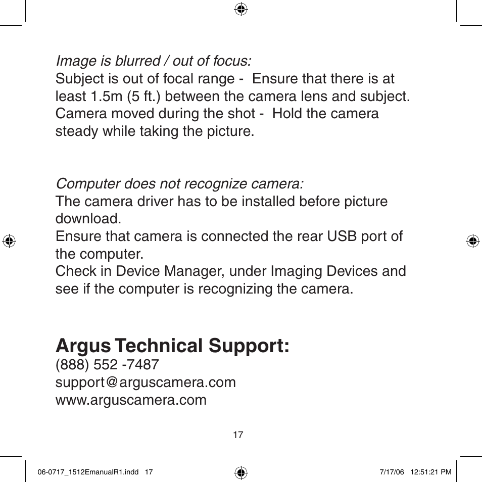 Argus technical support | Argus Camera Argus DC-1512E User Manual | Page 17 / 19