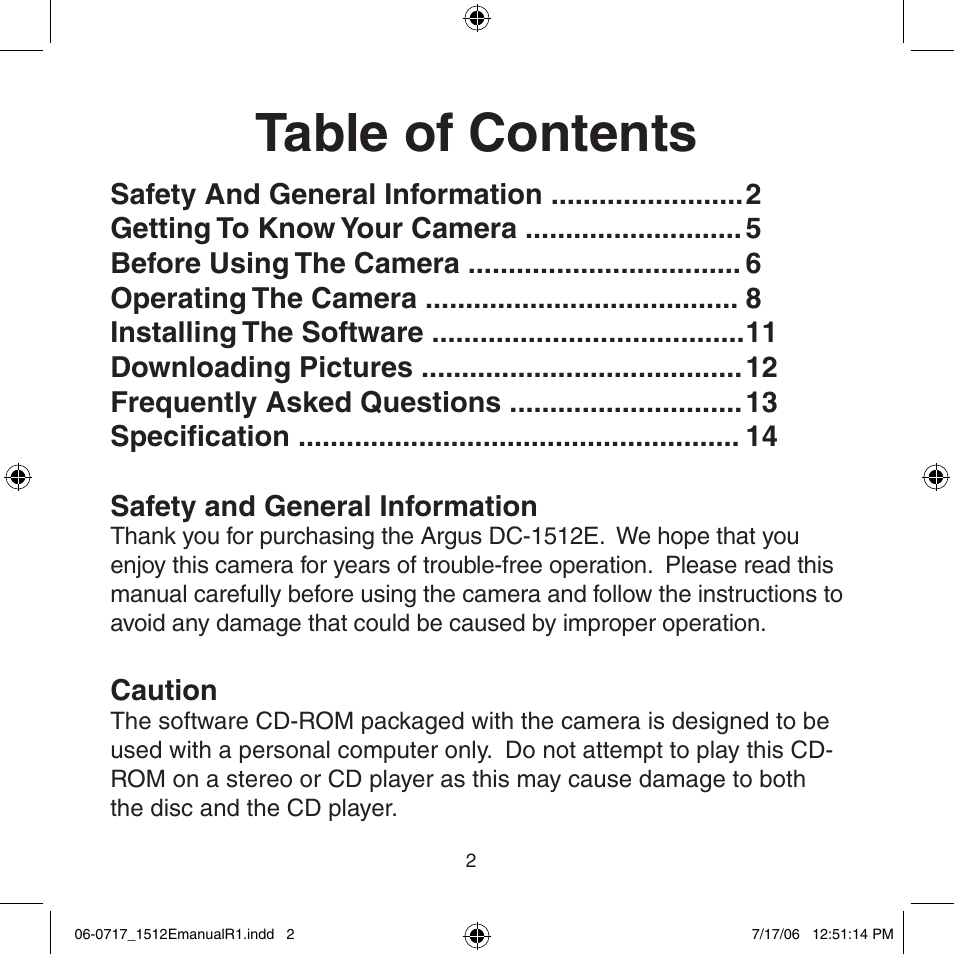 Argus Camera Argus DC-1512E User Manual | Page 2 / 19