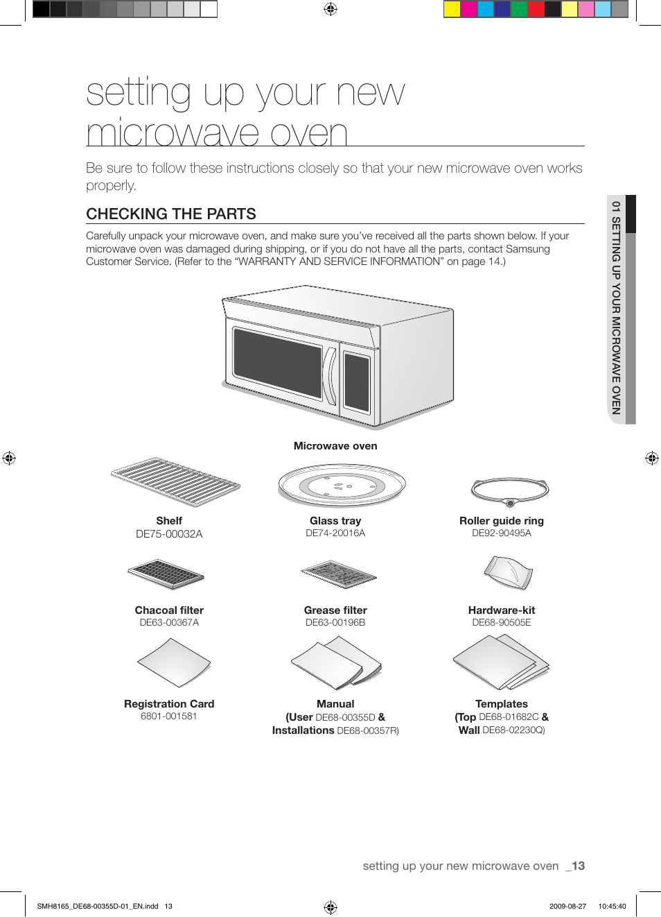 Setting up your new microwave oven, Checking the parts | Samsung SMH8165B-XAA User Manual | Page 13 / 44