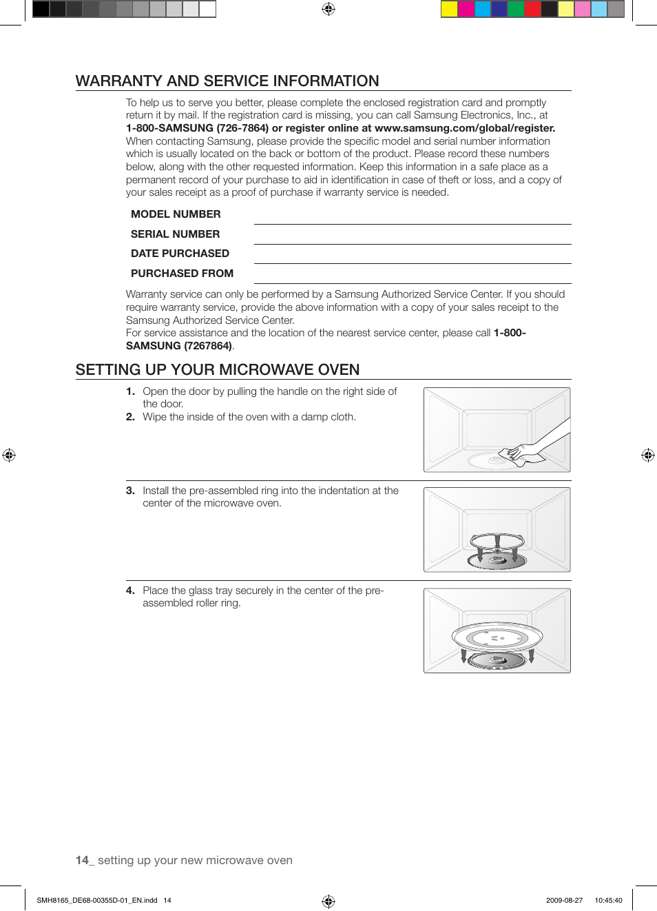 Warranty and service information, Setting up your microwave oven | Samsung SMH8165B-XAA User Manual | Page 14 / 44